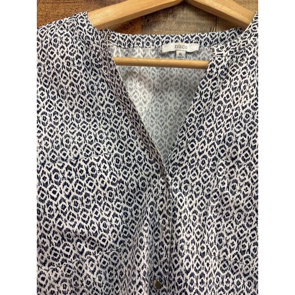 Nico Womens Button-Up Blouse L White & Navy Geometric Print 3/4 Sleeve - Picture 3 of 7